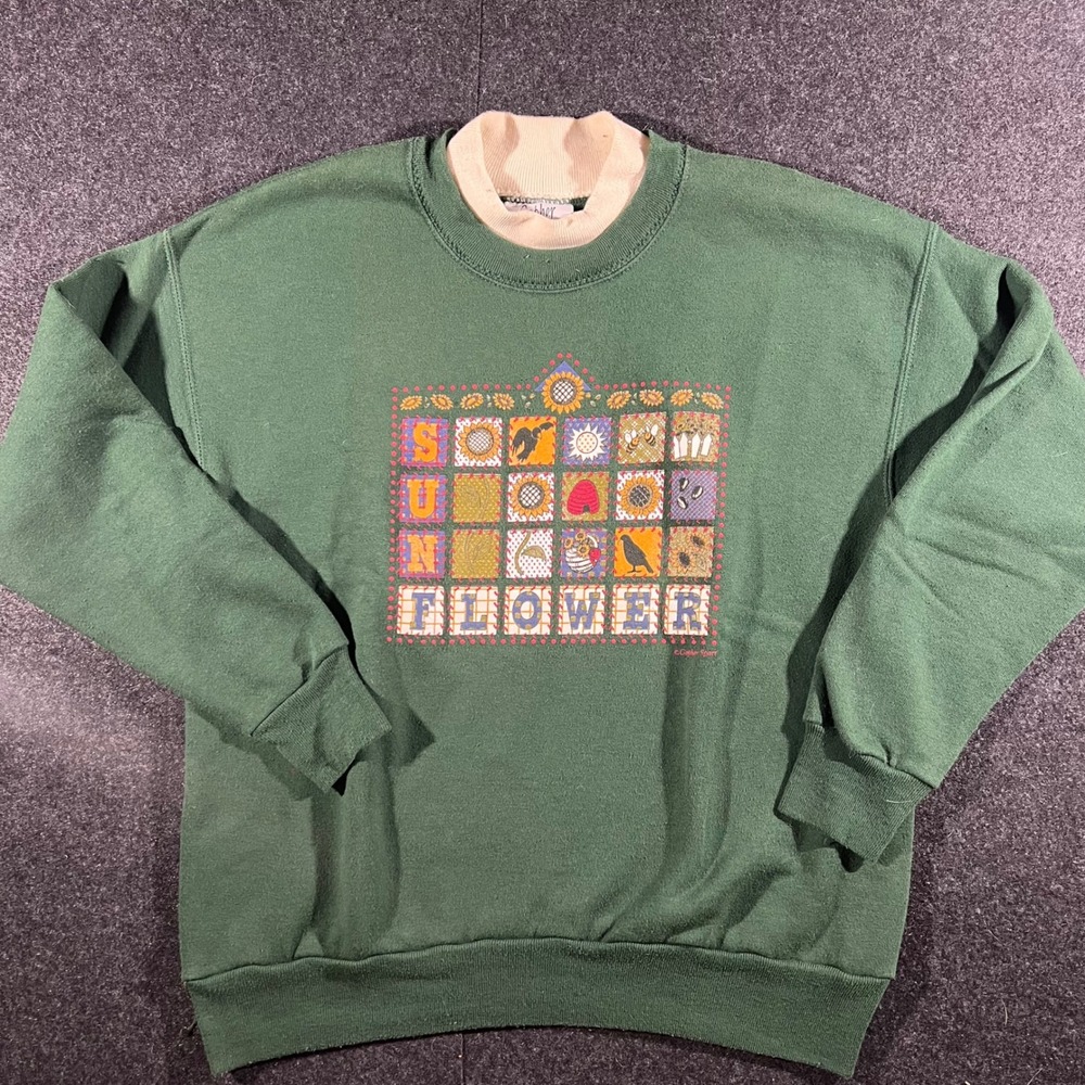 Vintage Gopher Sport Sunflower Sweatshirt Womens Large Green 90s Nature Graphic